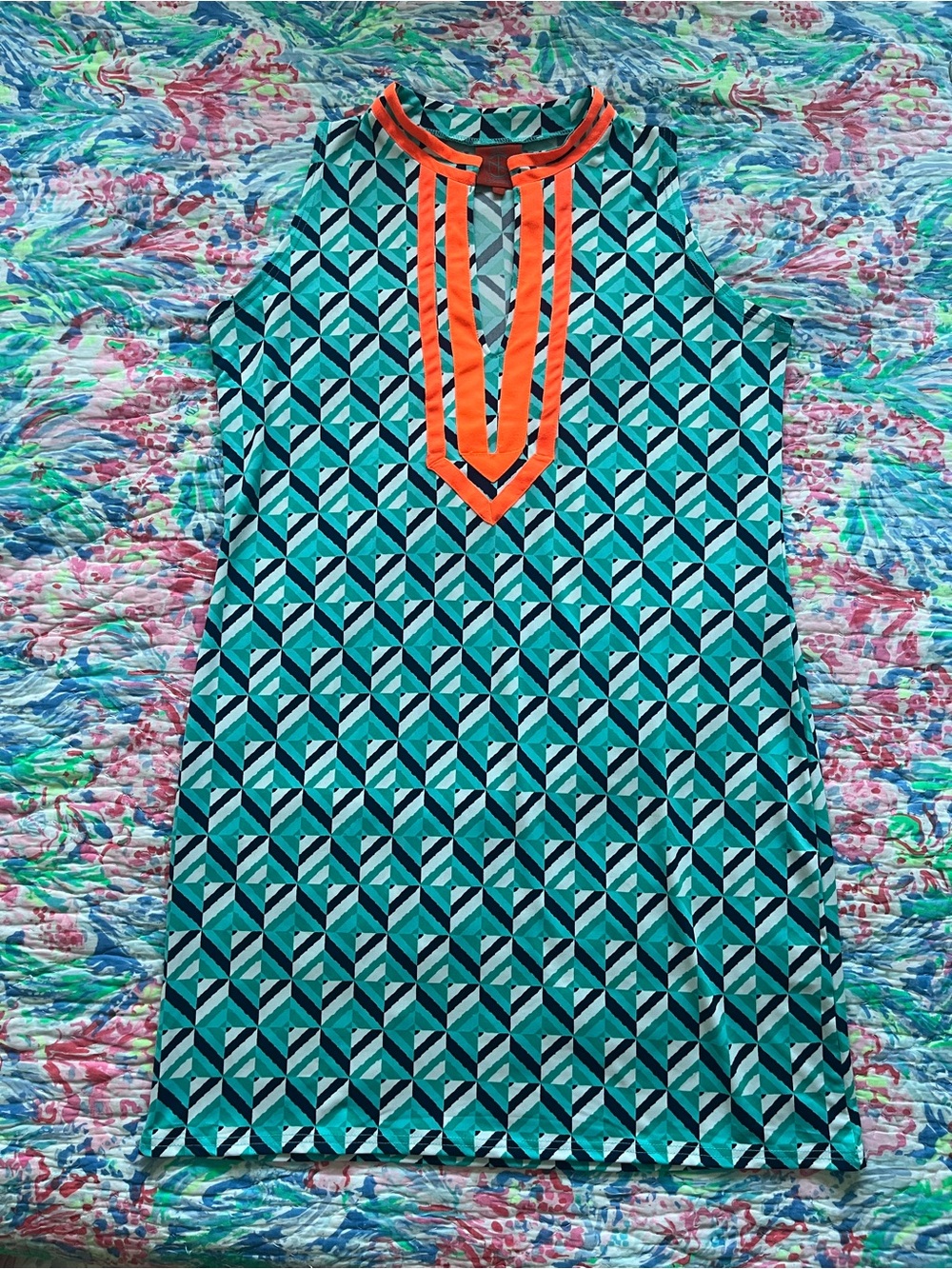 Tracy Negoshian Teal & Black Geometric Sleeveless Tunic with Orange Trim